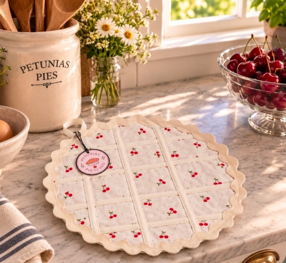 Cherrie Pie / Hot Pad / Potholder / Quilted Cotton / washable / 11"